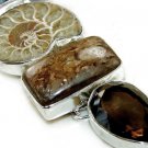 Ammonite Fossil, Bronzite, and Smoky Quartz Sterling Silver Bracelet
