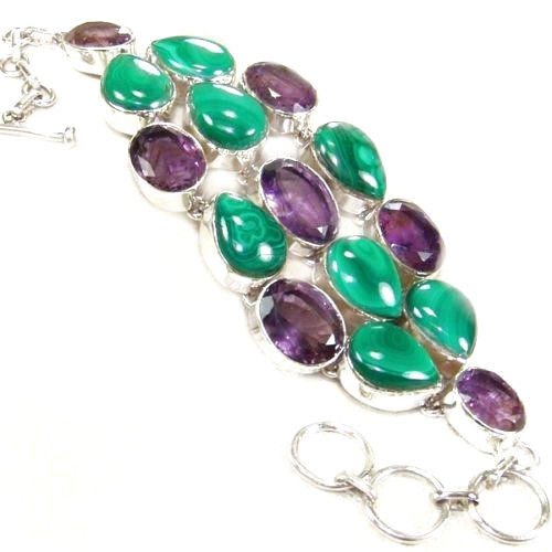 Big Bold Malachite and Amethyst Sterling Silver Bracelet