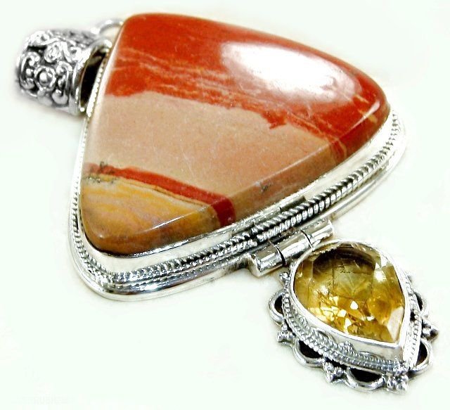 Impressive Orange Mookaite Jasper and Citrine Sterling Silver 2.8" Pendant