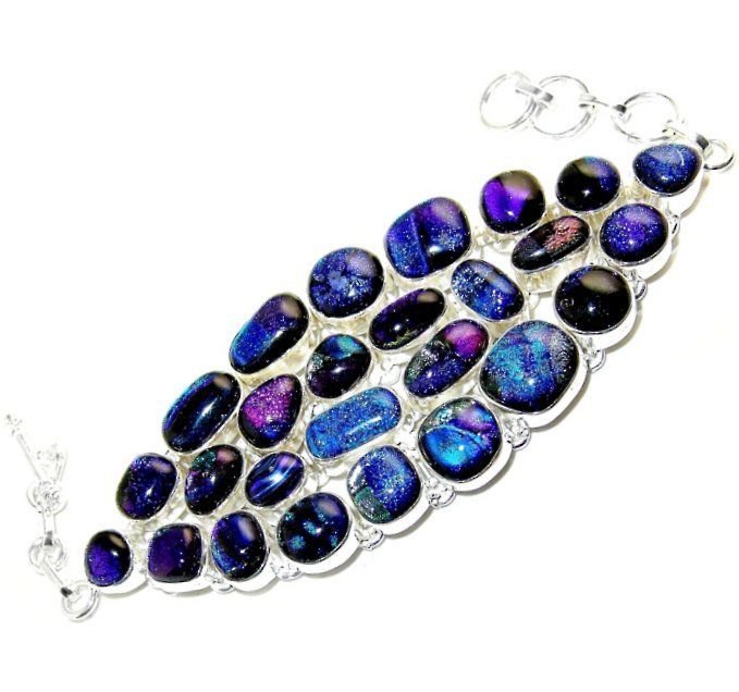 Big Bold Blue and Purple Dichroic Glass and Sterling Silver Bracelet
