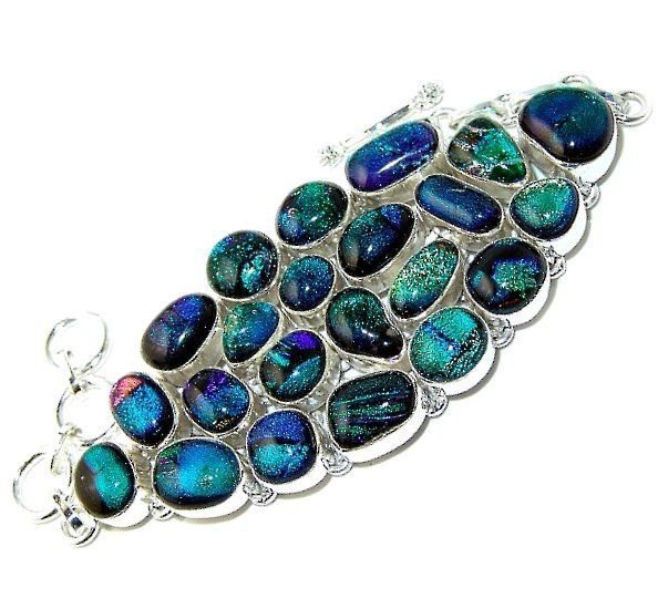 Big Bold Green and Blue Dichroic Glass and Sterling Silver Bracelet