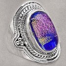 Big Dichroic Glass and Sterling Silver Ring Size 7