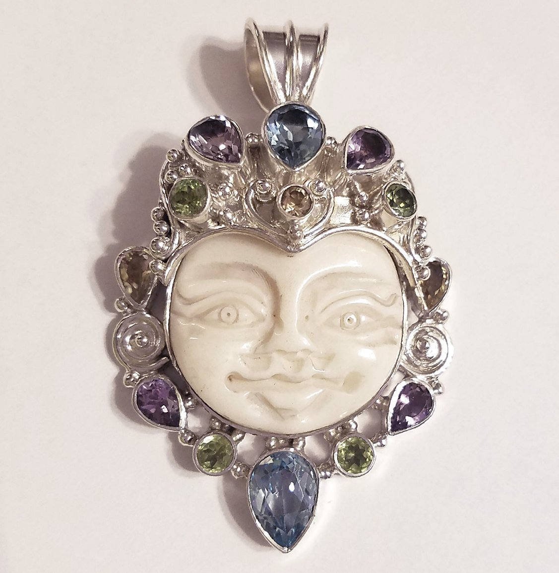 Carved Man in the Moon Gemstone Sterling Silver Pendant