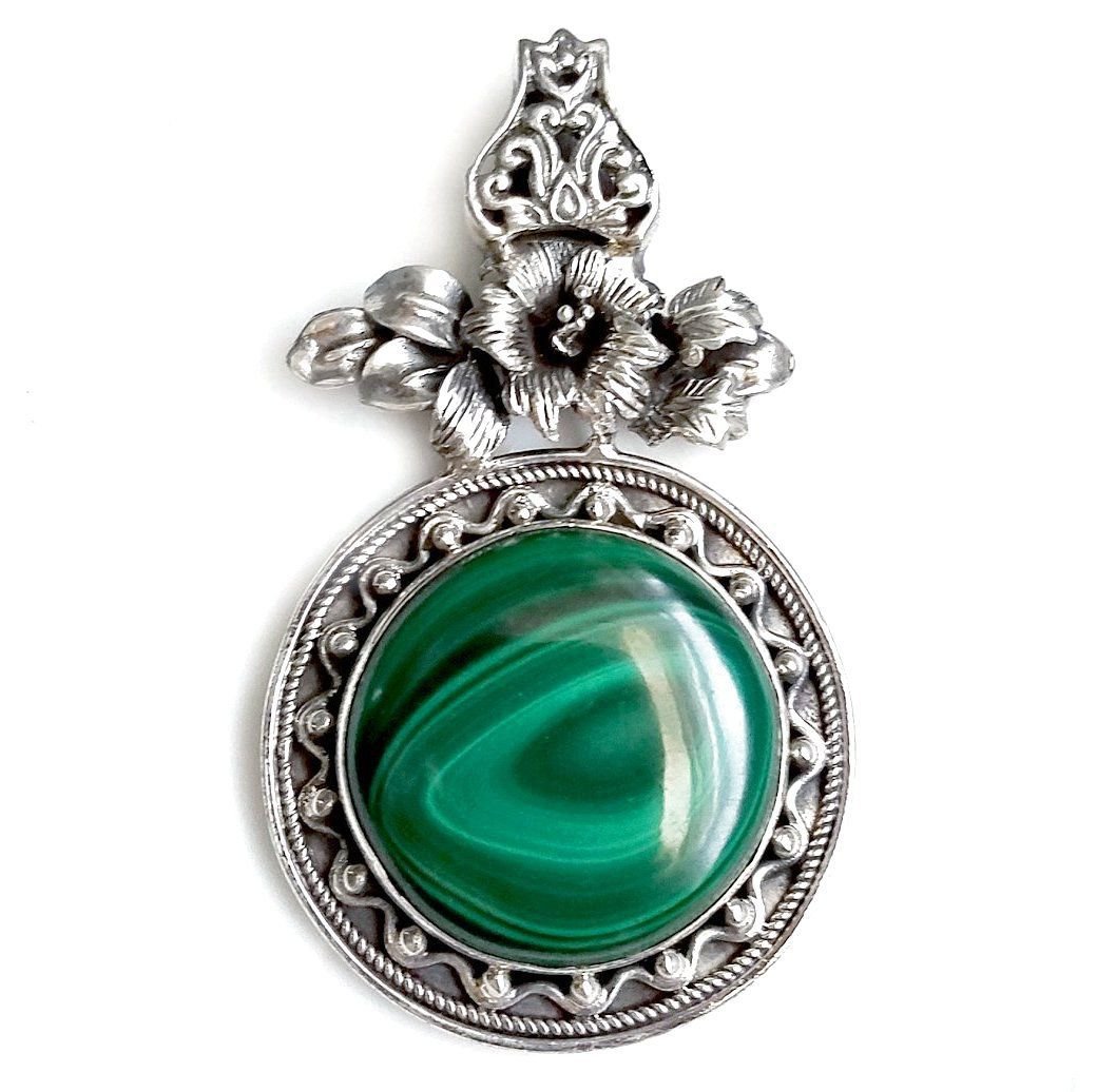 Green Malachite 2.5" Sterling Silver Hibiscus Pendant
