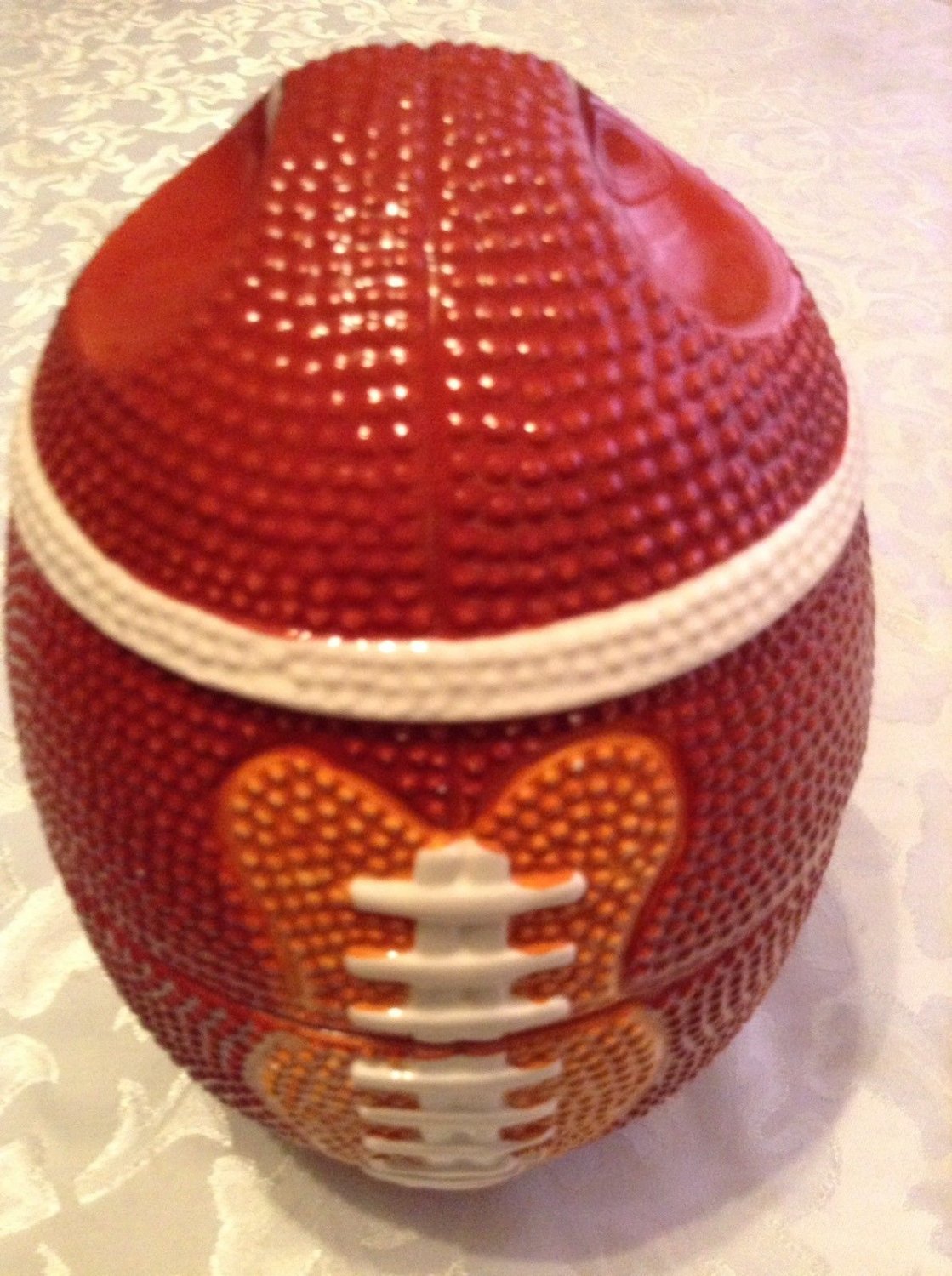 Football bowls ceramic 3 stackable 1 lid serving set vintage centerpiece brown