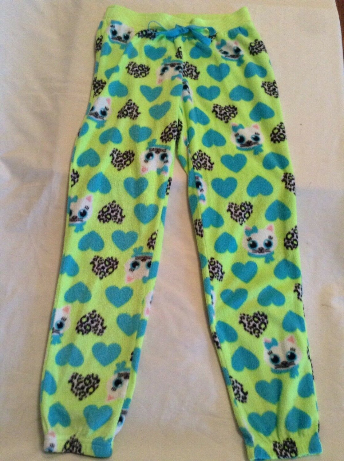 Size 10 Justice pajama bottoms pants kittens hearts green