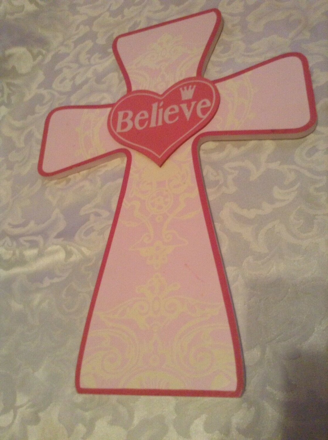 Cross wall decor breast cancer awareness believe pink particle board 12x16x1/2