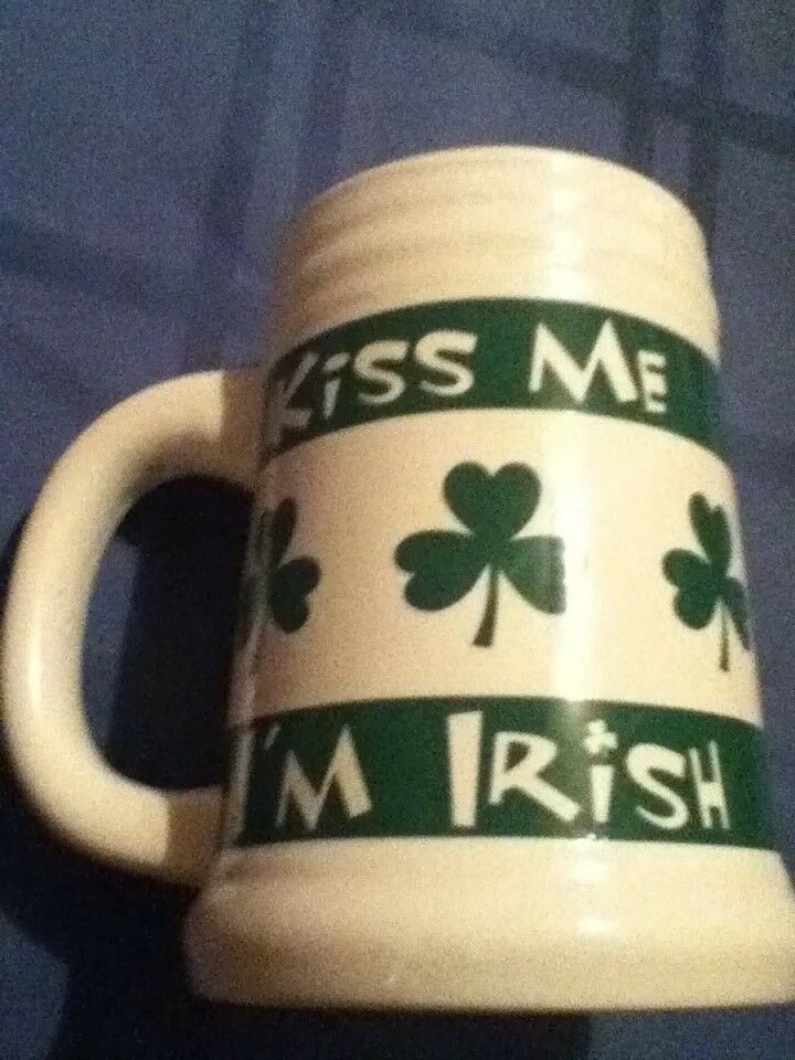 St Patricks Day MTY mug stein Kiss Me I'm Irish shamrocks tall white and green