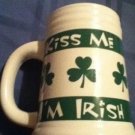 St Patricks Day MTY mug stein Kiss Me I'm Irish shamrocks tall white and green