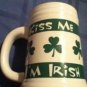 St Patricks Day MTY mug stein Kiss Me I'm Irish shamrocks tall white and green