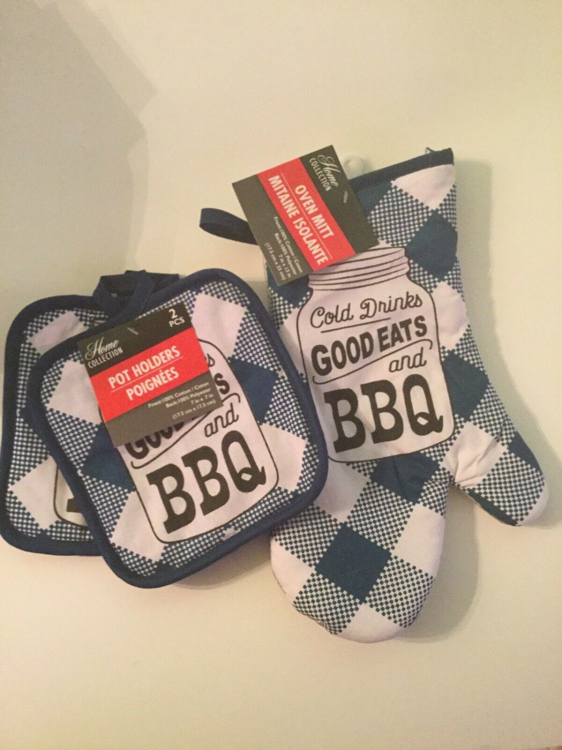 oven mitt pot holder set 3 pc Home Collection cold drinks good eats BBQ