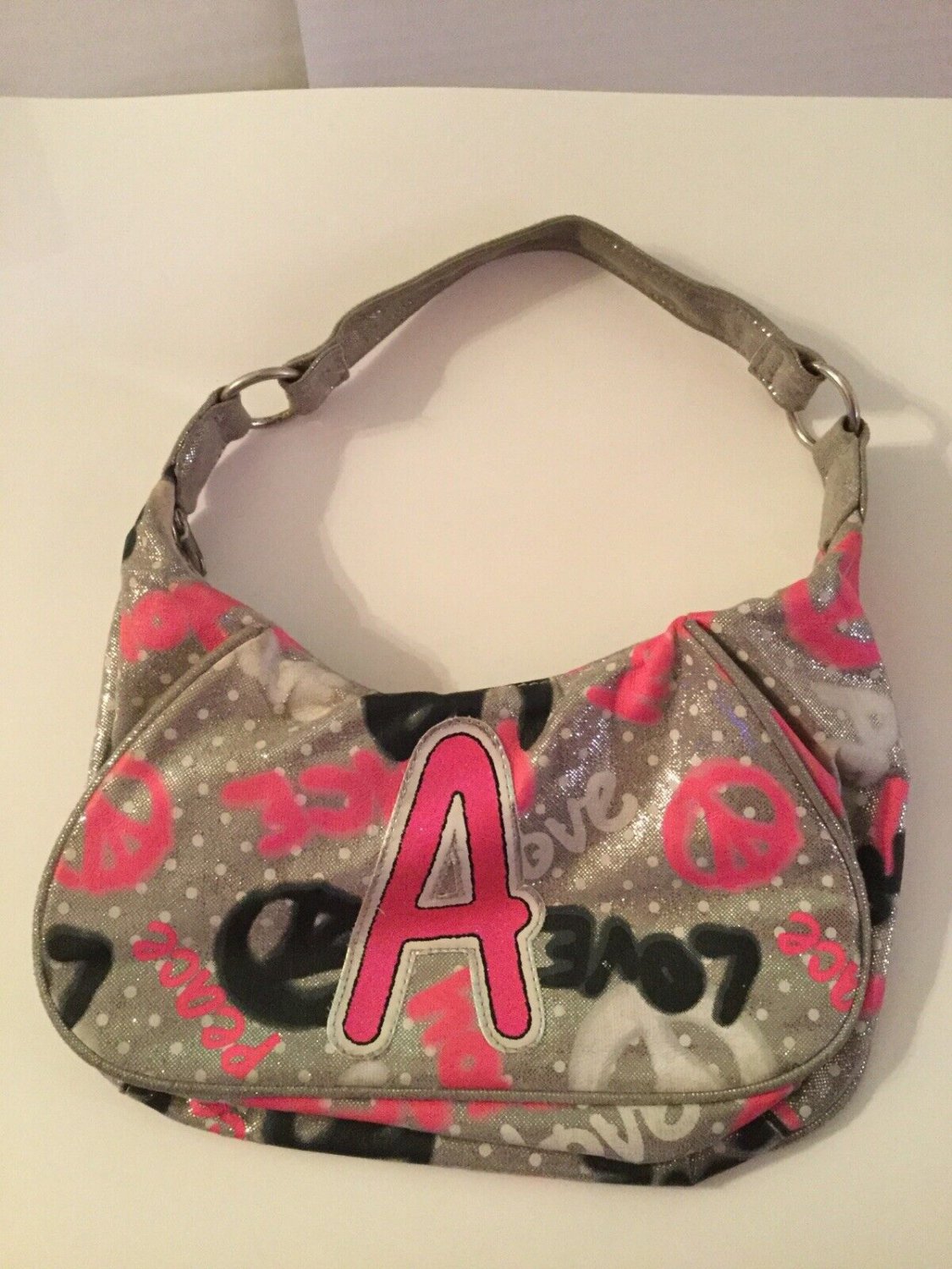 Justice initial letter A handbag purse love peace gray metallic paint zipper