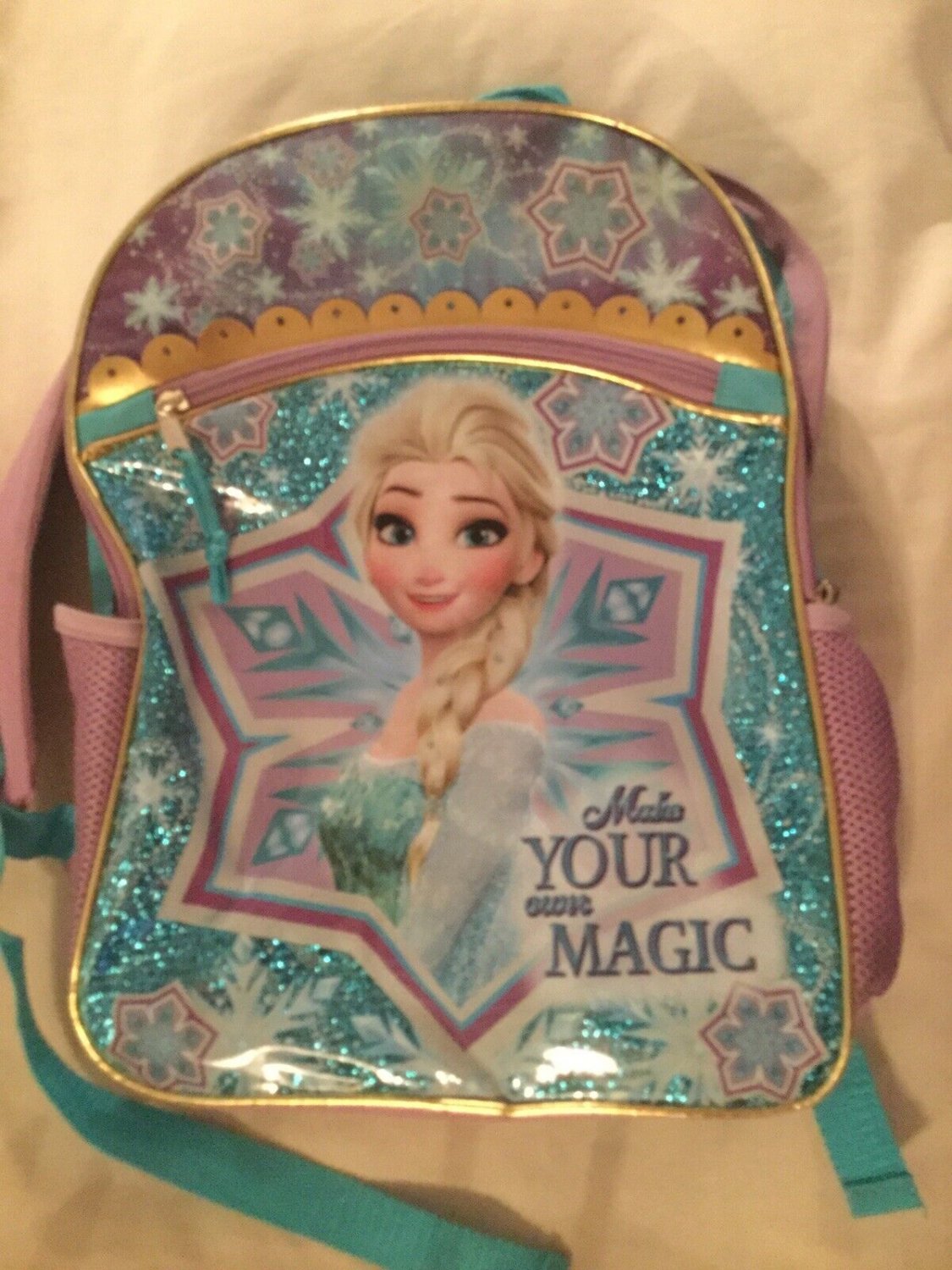 Disney Frozen backpack Elsa book bag tote metallic 16x11x4.5 in