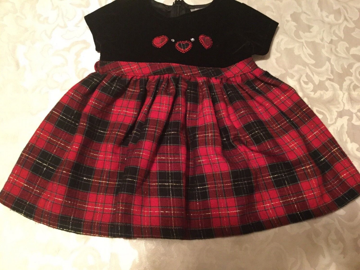Valentines Day Size 12 mo Youngland dress black red plaid velour holiday girls