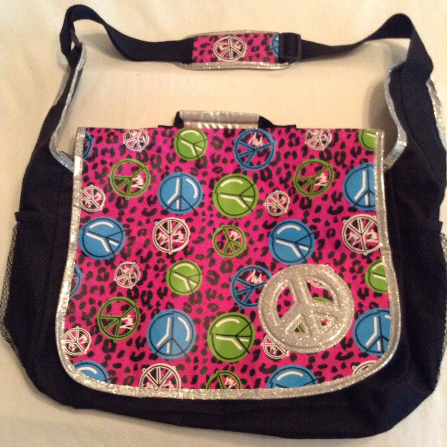 Peace backpack messenger bag tote hip shoulder pink animal print black glitter