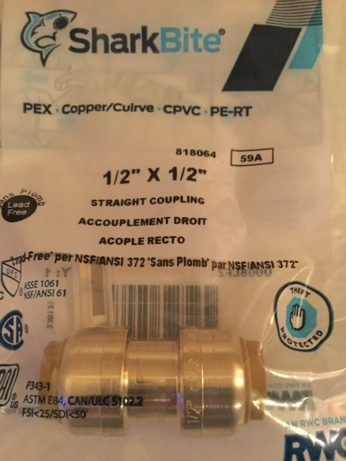 1/2 inch x 1/2 inch Shark Bite straight coupling push to connect 2