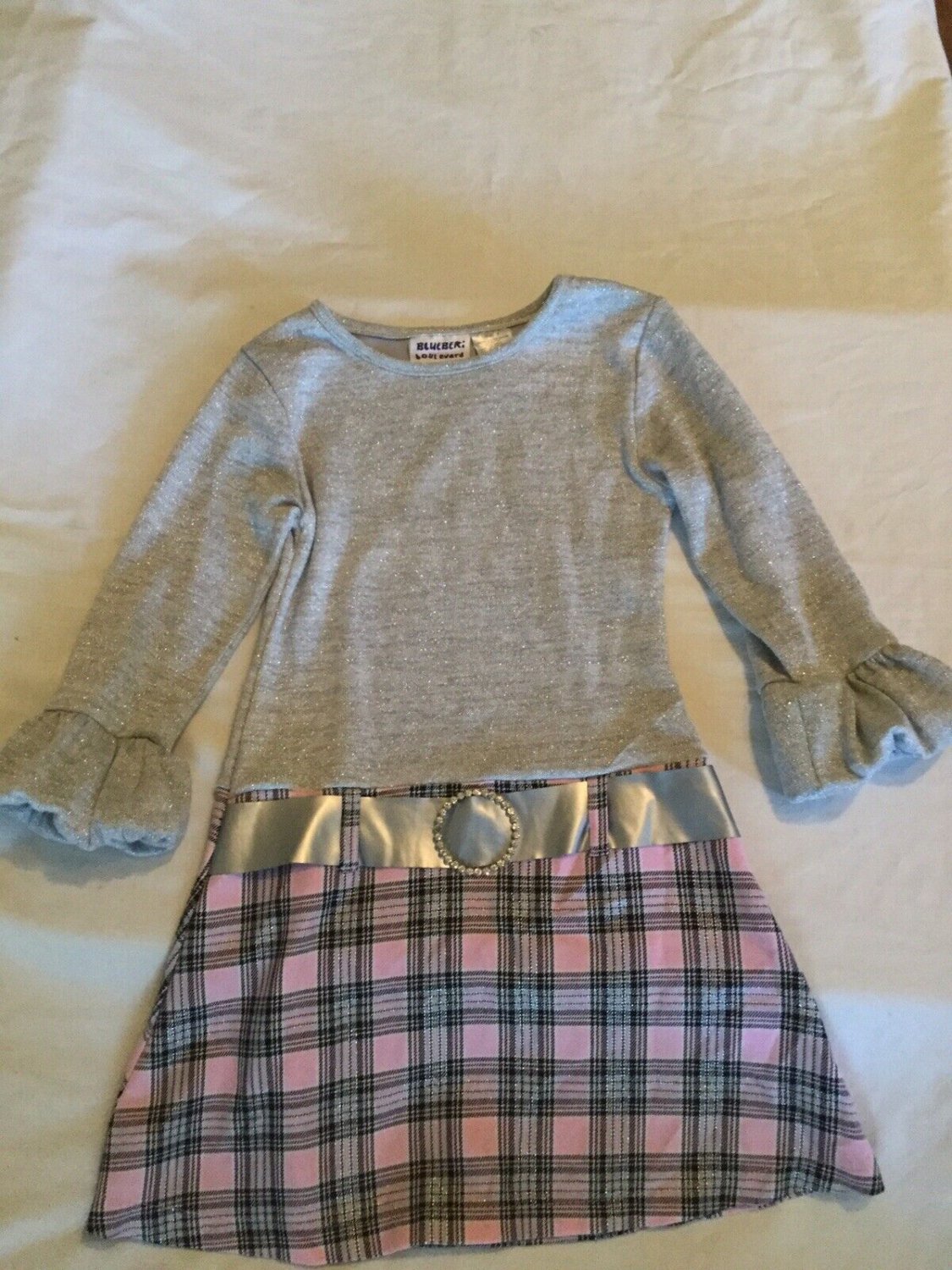 Blueberi Boulevard dress Size 5 silver pink plaid metallic holiday