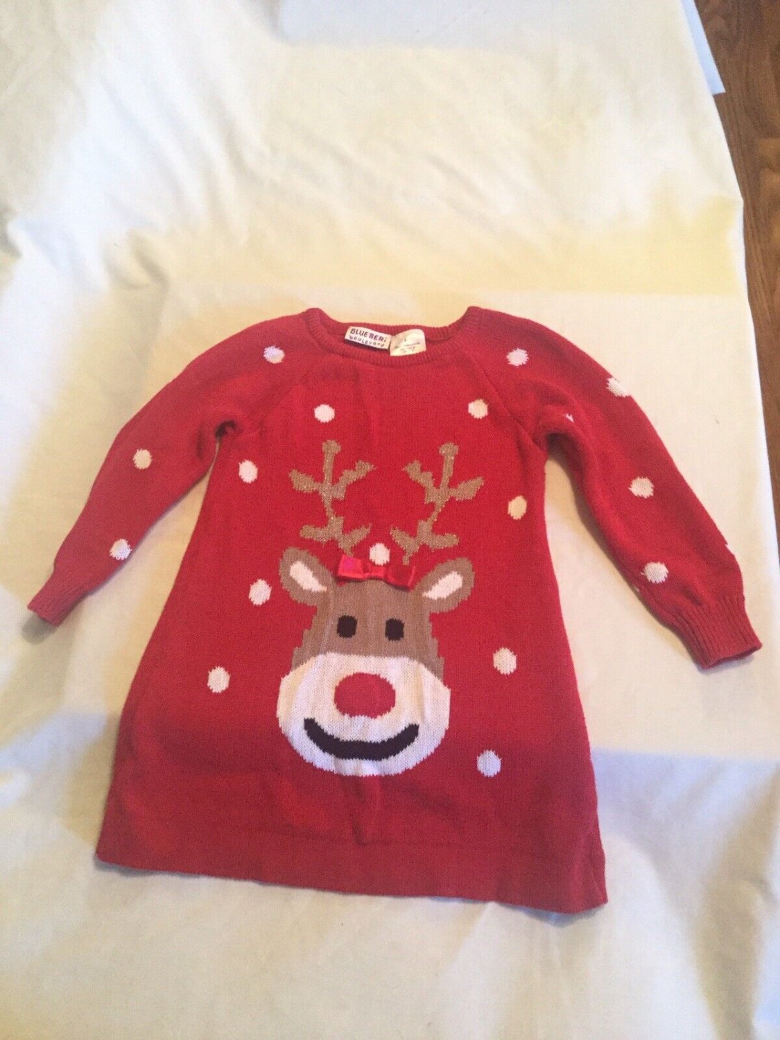 Holiday Size 4T Blue Beri sweater reindeer polka dot pull over top red girls