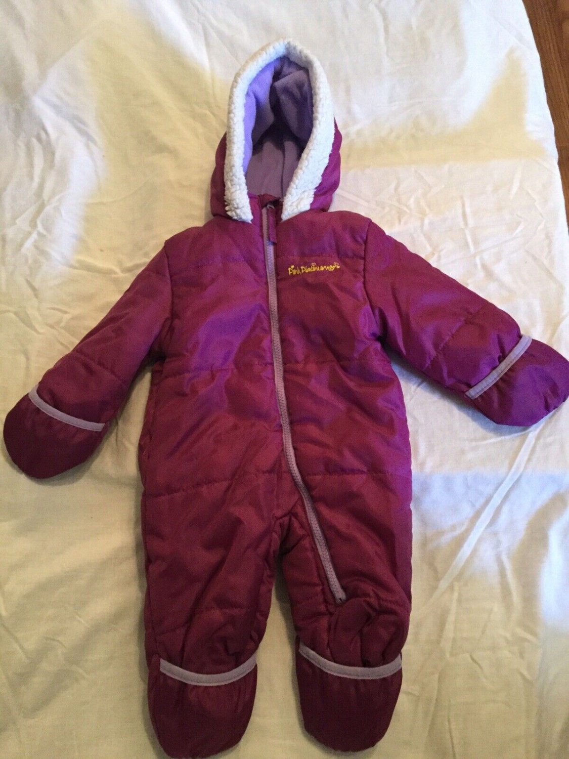 Pink Platinum Size 9 12 mo winter snow playsuit insulated hoodie outfit purple