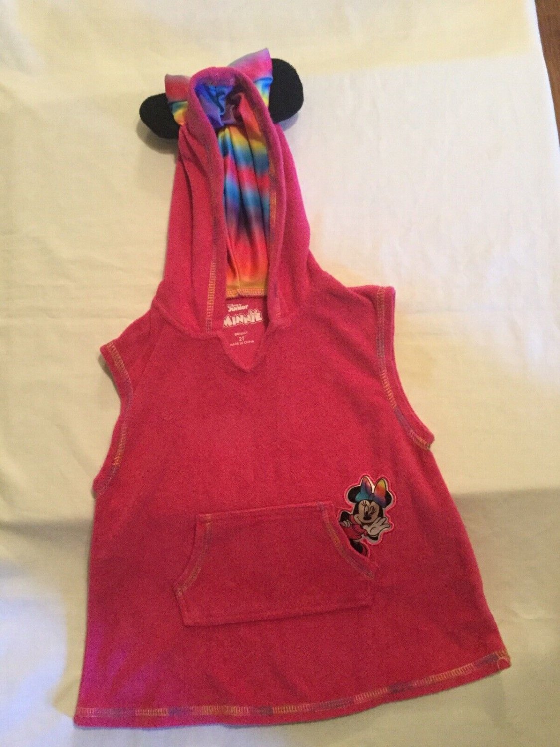 2T Disney Minnie Mouse swimsuit cover dress hoodie ears bow terry pink striped