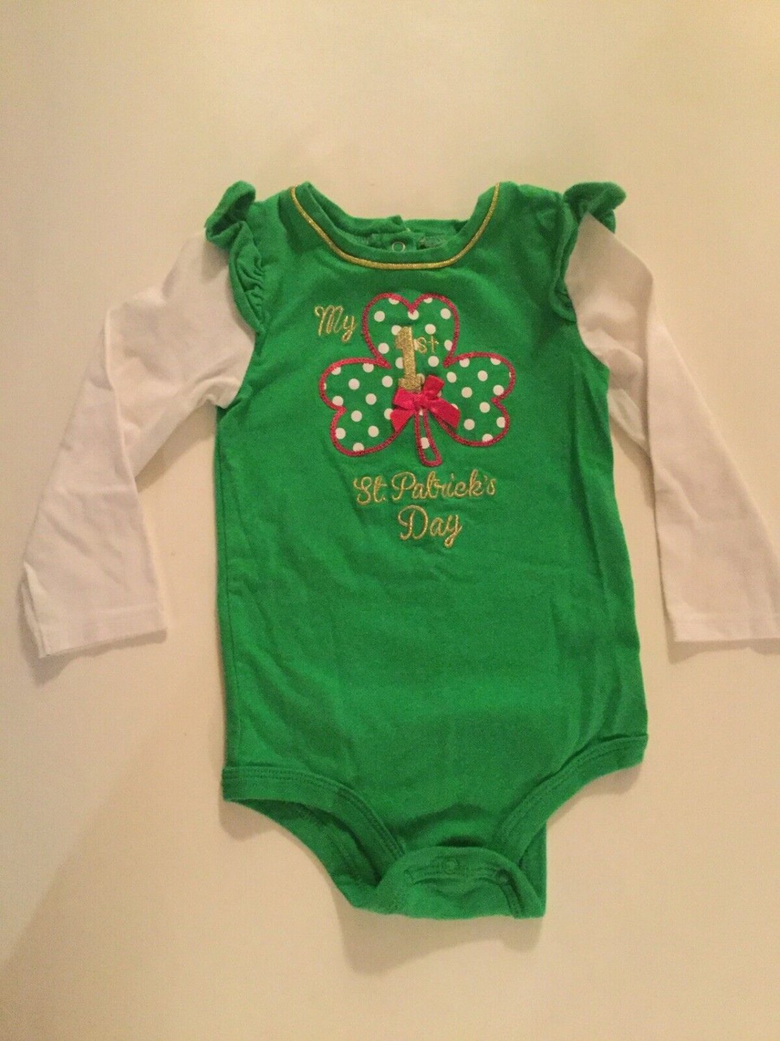 St Patricks Day Size 12 18 mo outfit 1 piece romper bodysuit green polka dots