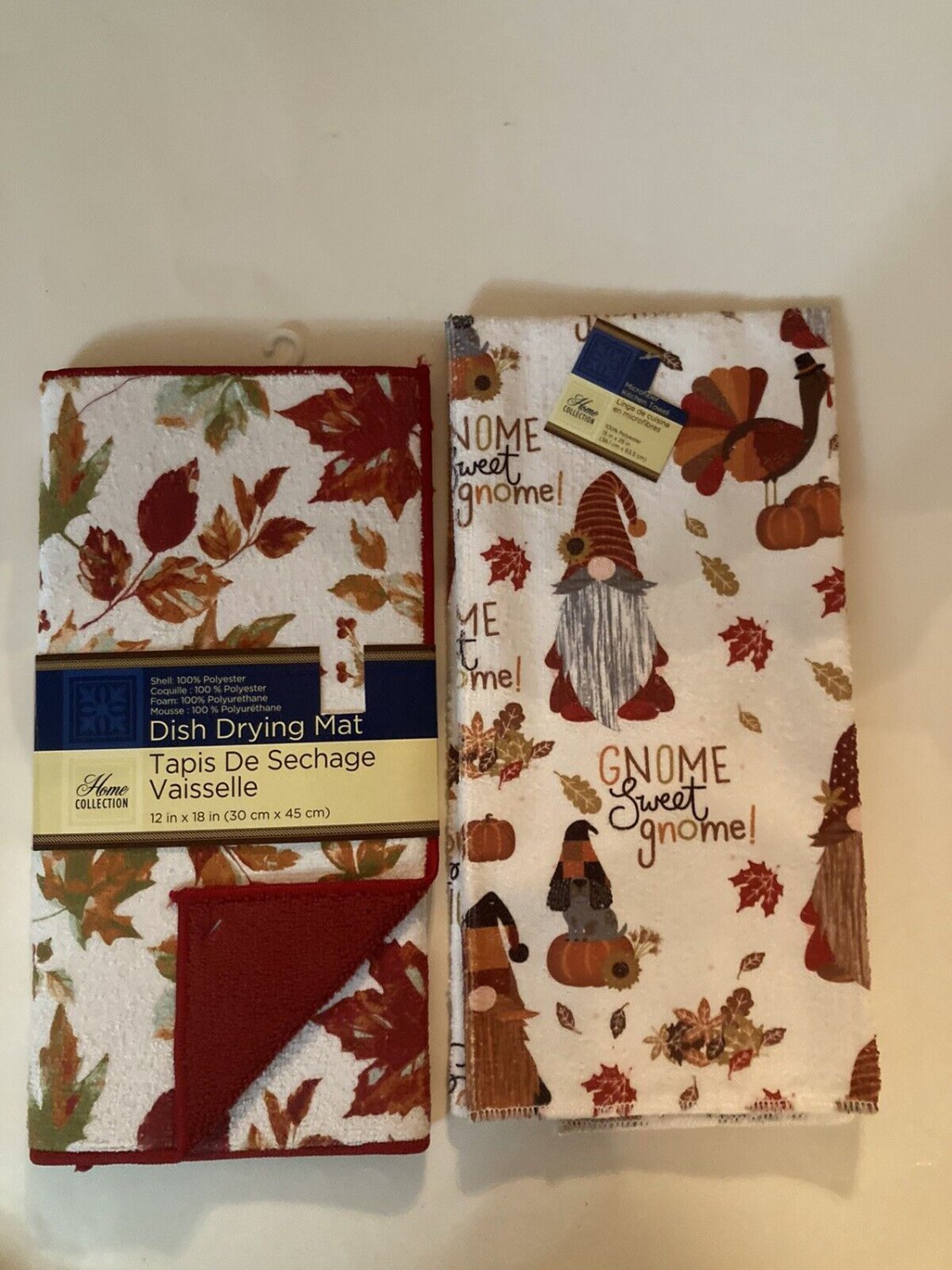 Thanksgiving kitchen set 2 pc dish drying mat towel gnome turkey pumpkin leaves