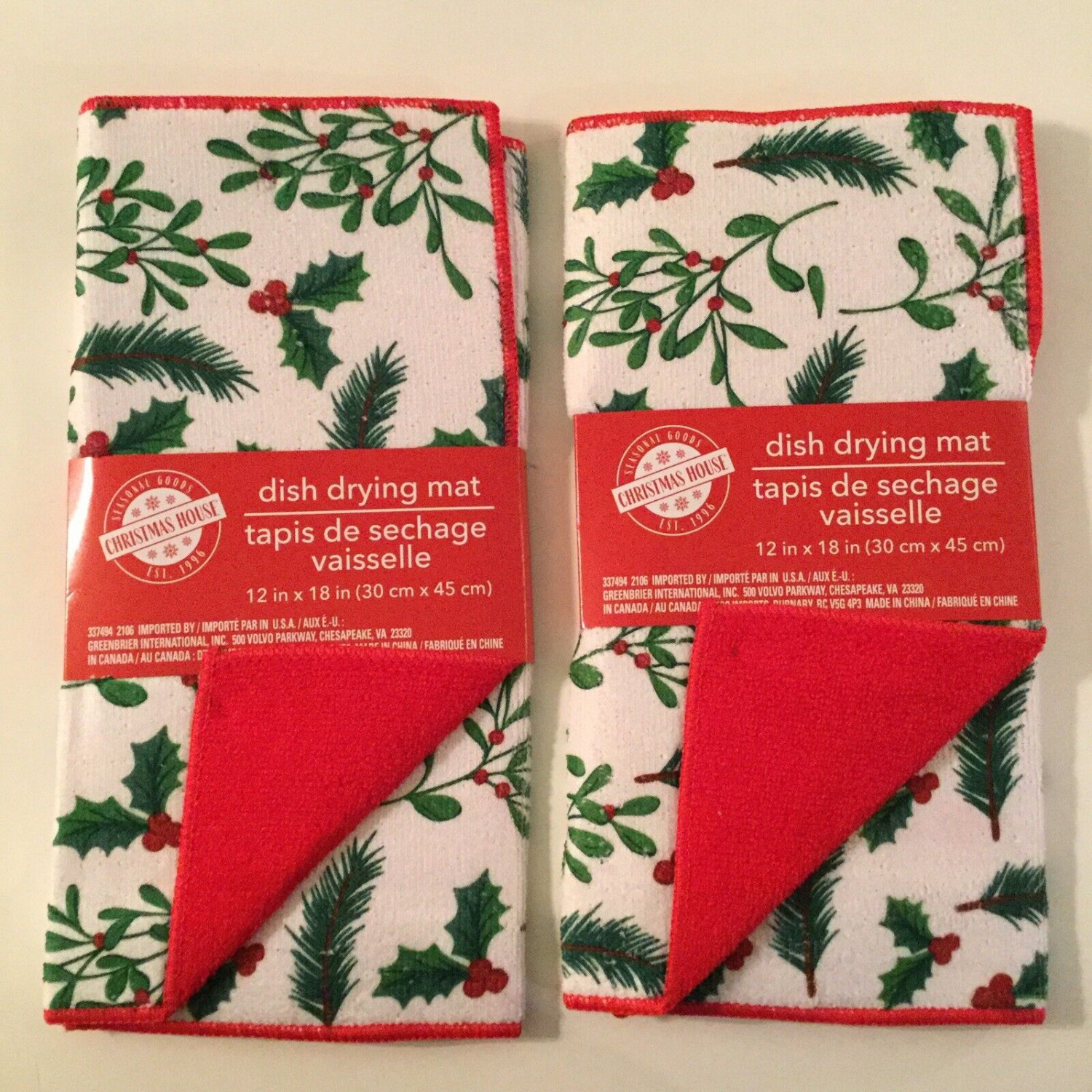 Winter floral kitchen 2 pc dish drying mat holly Christmas House 12x18in red