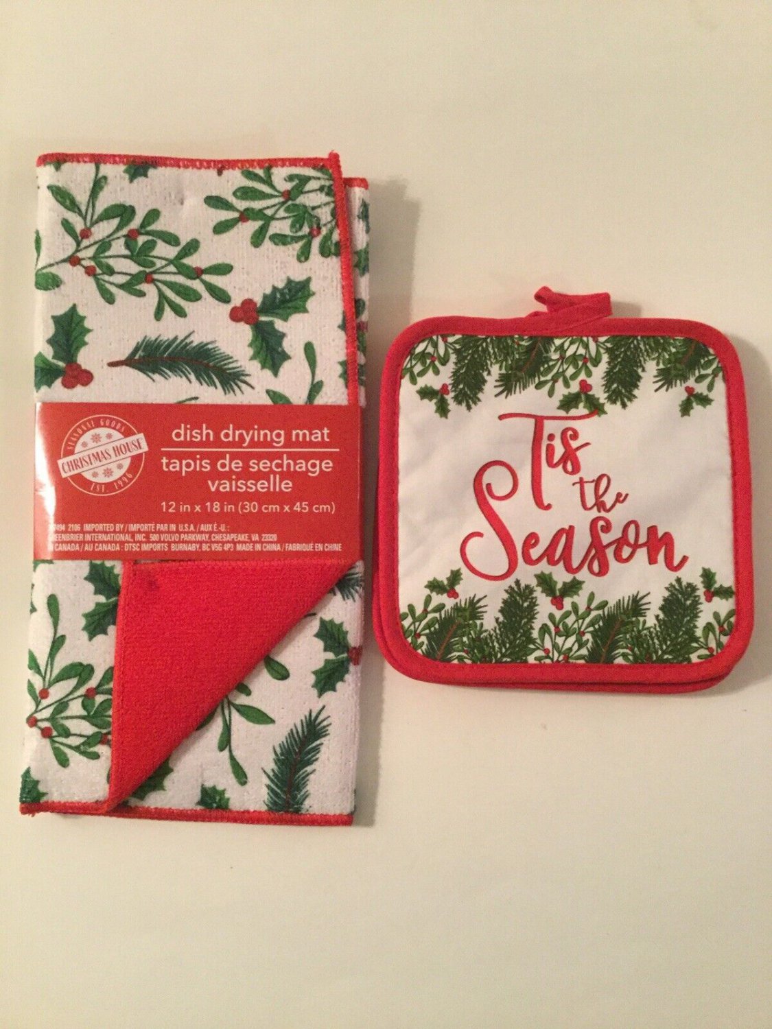 Kitchen 3 pc dish drying mat holly pot holders floral Christmas House red