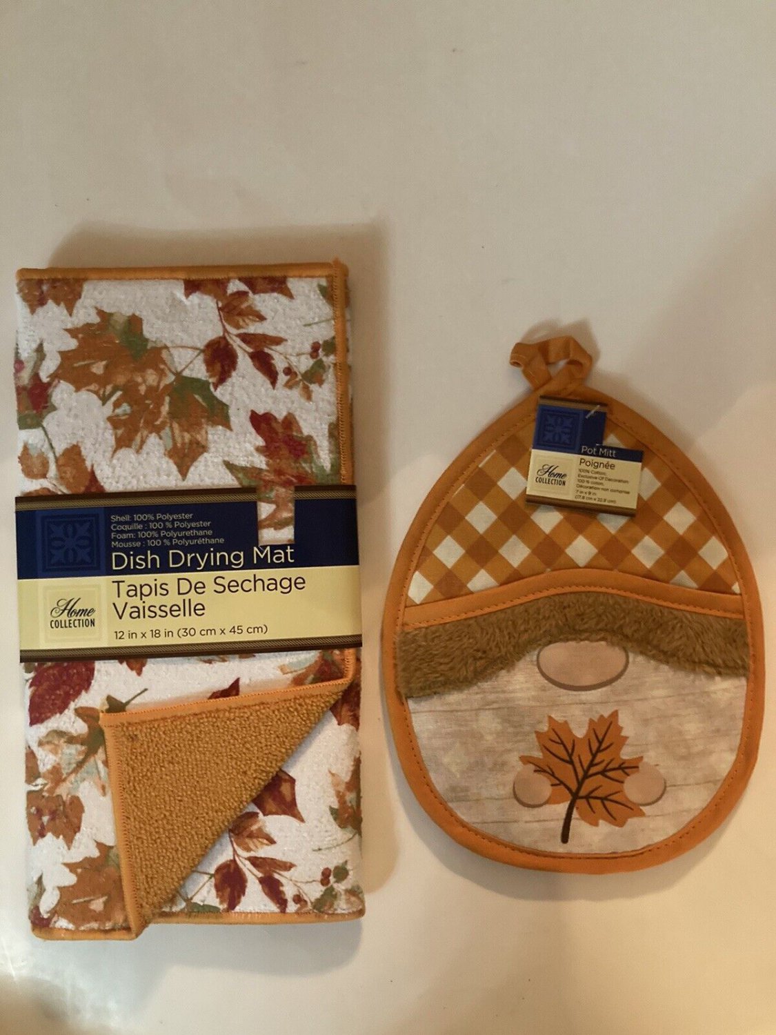 Thanksgiving kitchen set 2 pc dish drying mat pot mitt holder leaves orange