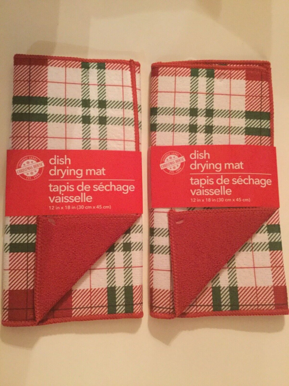 Winter dish drying mat plaid 2 pc set 12x18 inch checked red green