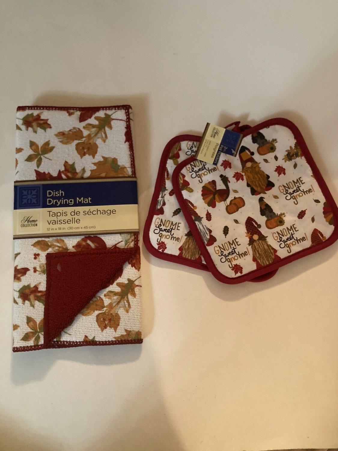 Thanksgiving kitchen set 3 pc dish mat pot holders gnome turkey pumpkin holiday
