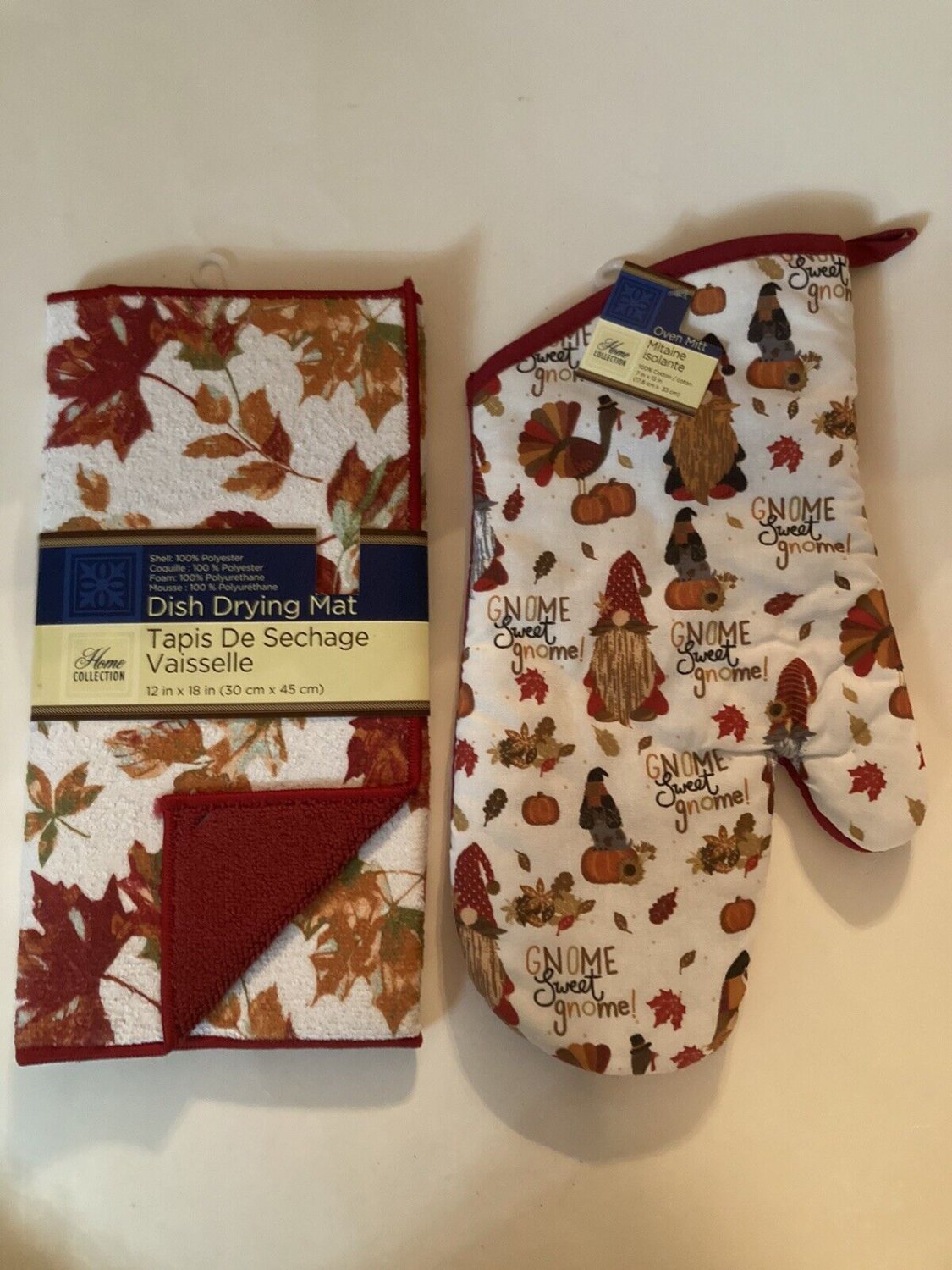 Thanksgiving kitchen set 2 pc dish mat oven mitt gnome turkey pumpkin leaves