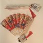2 floral hand fans foldable cloth metallic 9 in plastic lot of 2