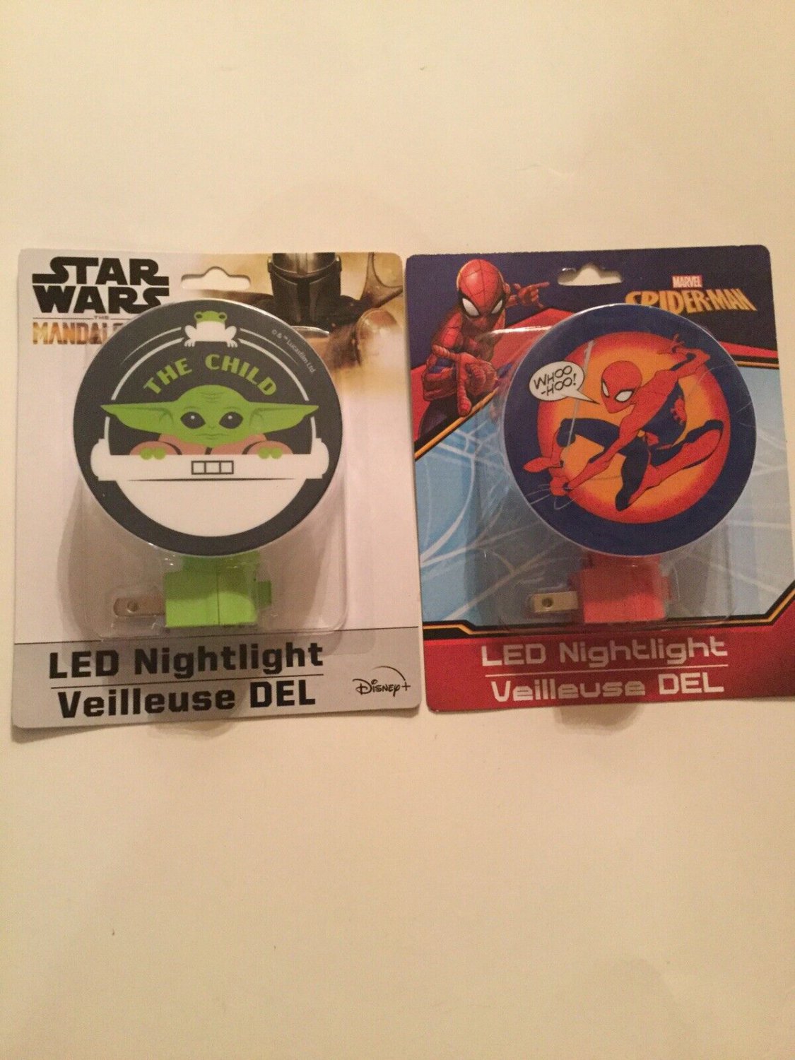 Lot of 2 LED nightlight Marvel Spider Man Star Wars Mandalorian Yoda plug in set