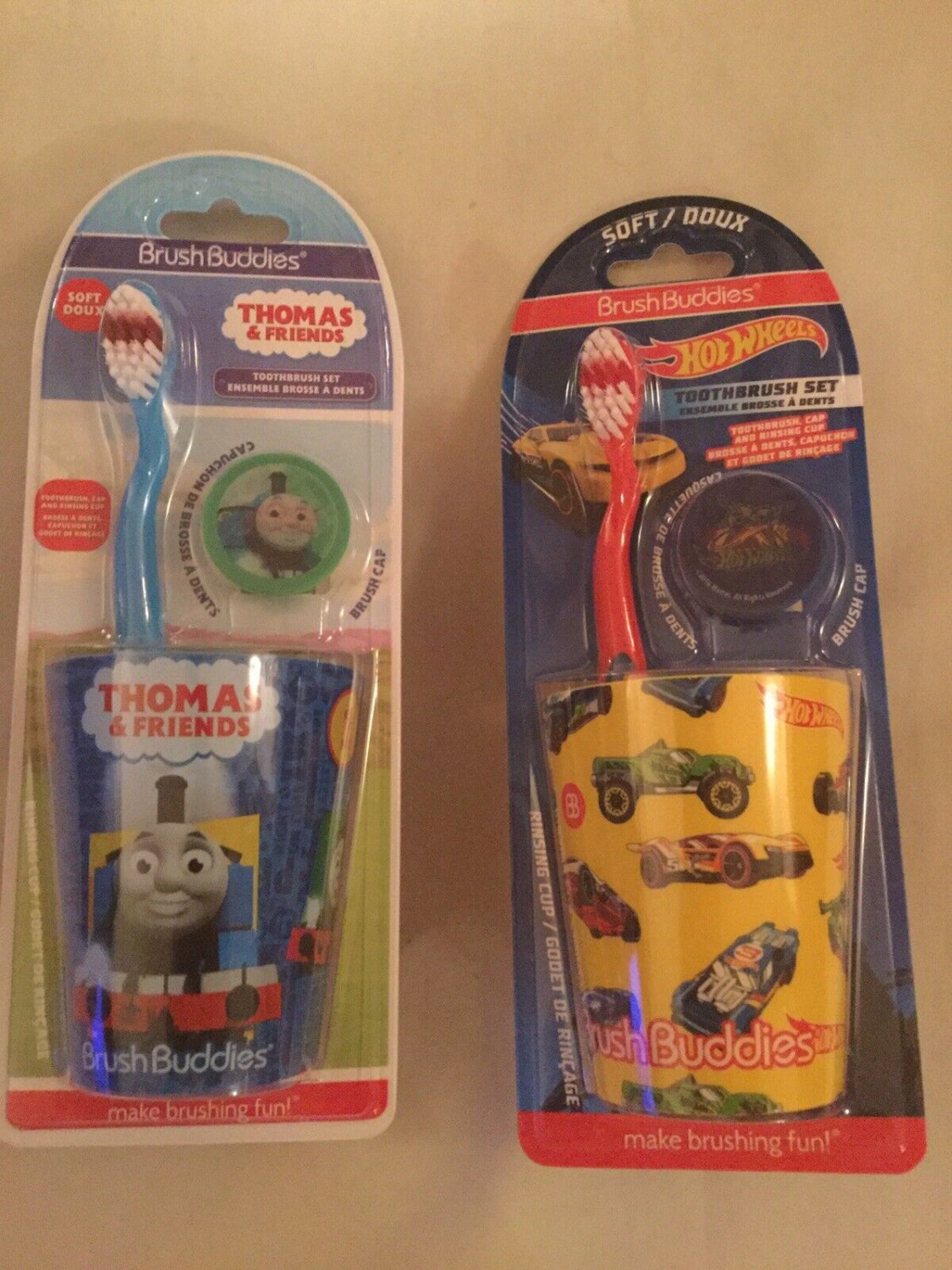 Hot Wheels Brush Buddies toothbrush set Thomas & Friends cup cap 3 pc Lot of 2