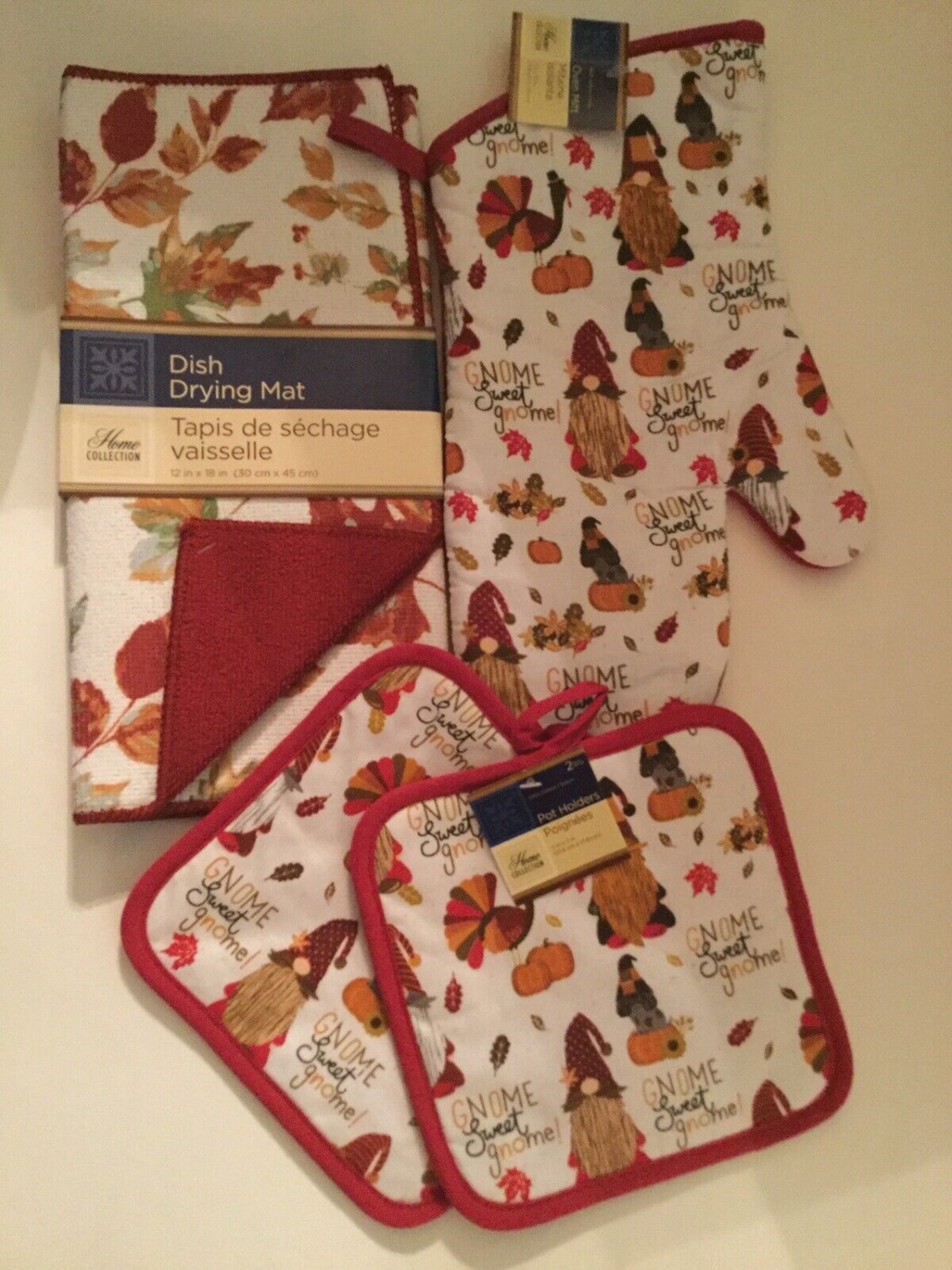 Halloween kitchen 4 pc dish mat oven mitt pot holders gnome turkey pumpkin