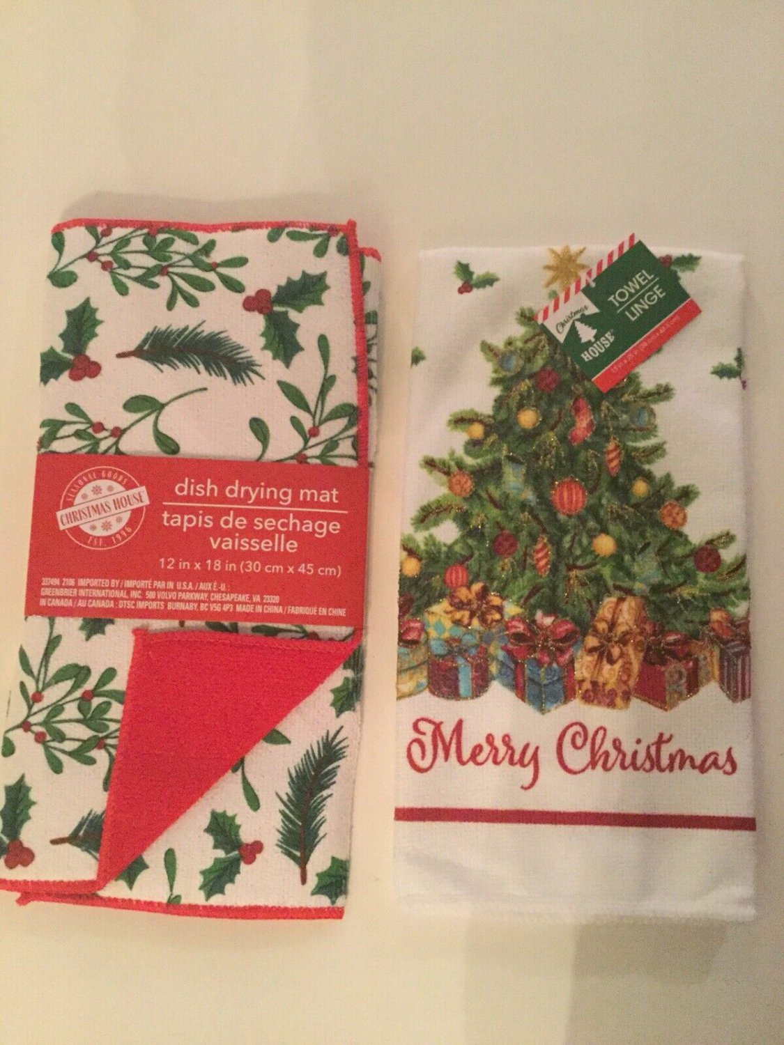 2 pc dish drying mat holly towel Christmas House tree glitter 15x25 in