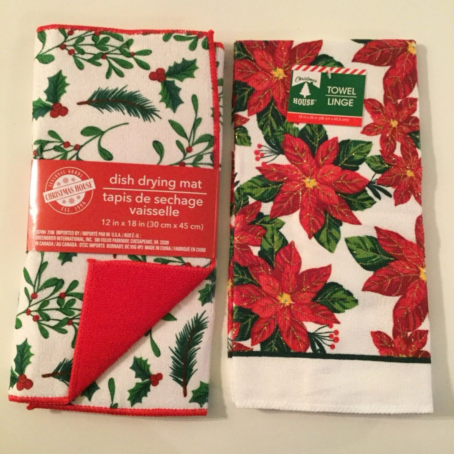 Winter 2 pc set kitchen poinsettia towel holly dish drying mat Christmas House