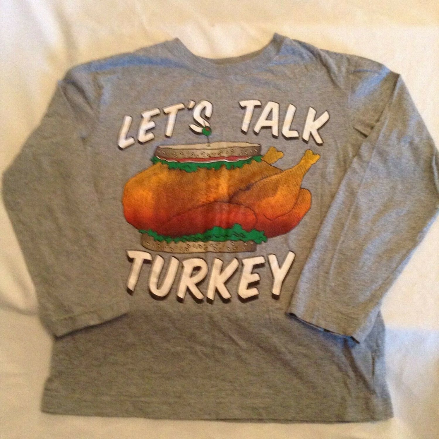 Thanksgiving Place shirt Size 7 8 Medium Lets talk turkey long sleeve top gray