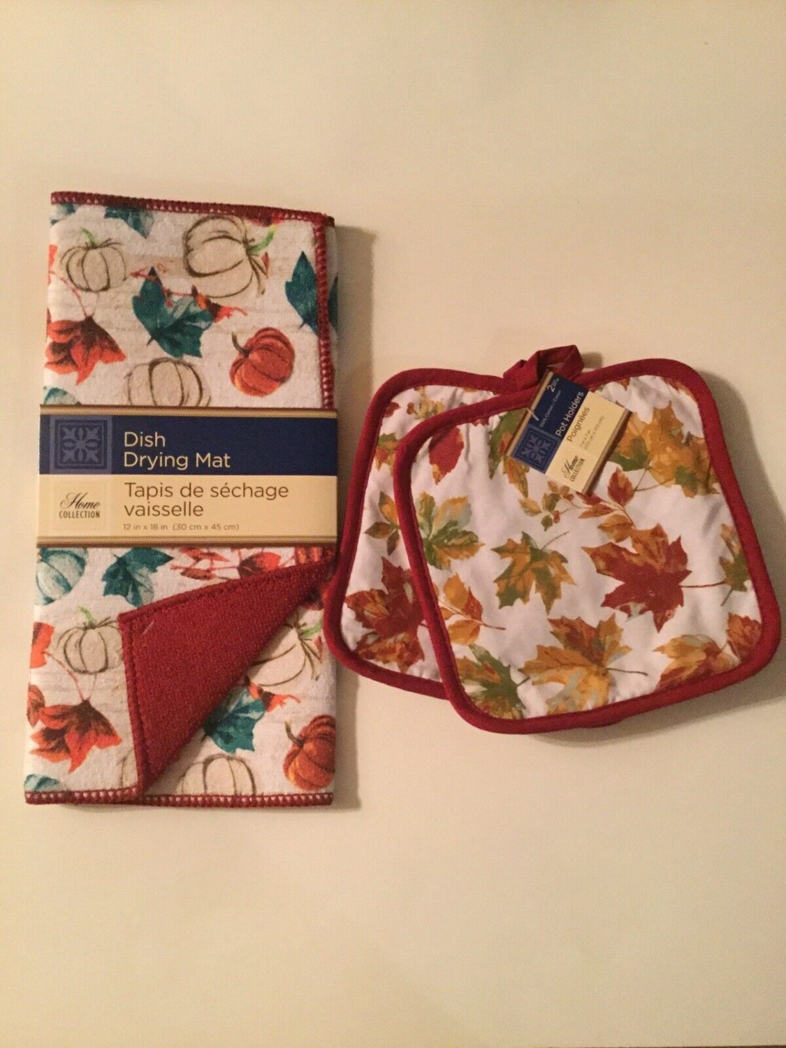Thanksgiving 3 pc set dish drying mat pot holders foliage leaves pumpkins