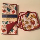 Thanksgiving 3 pc set dish drying mat pot holders foliage leaves pumpkins
