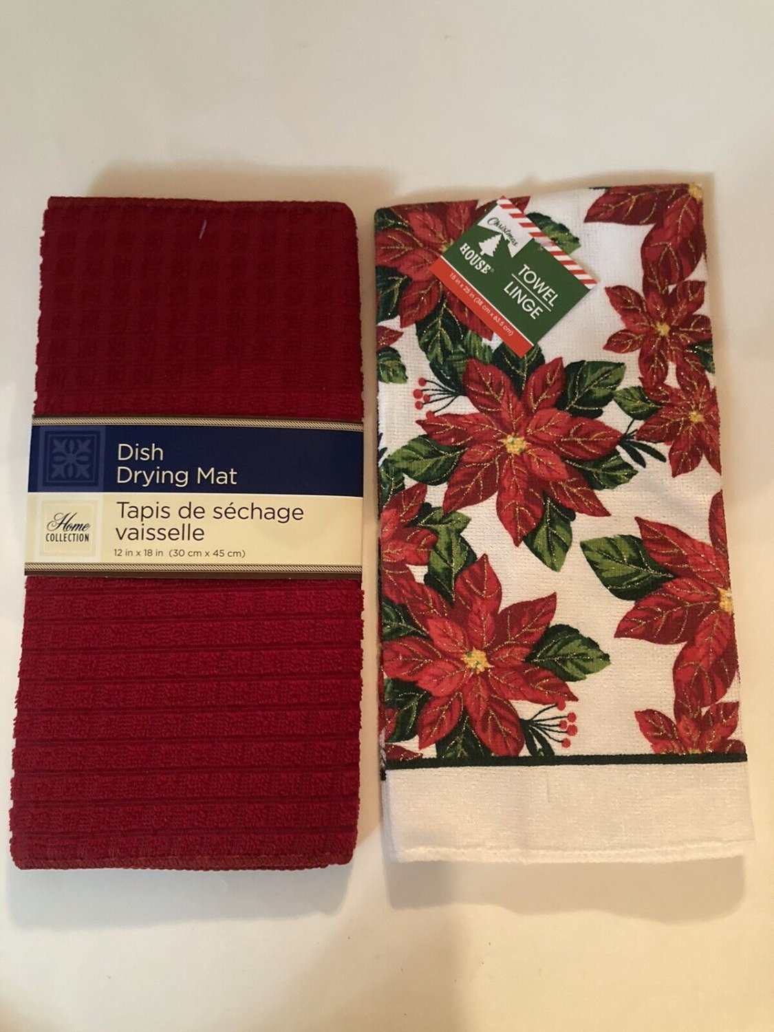 Winter 2 pc set kitchen poinsettia towel dish drying mat Christmas House red