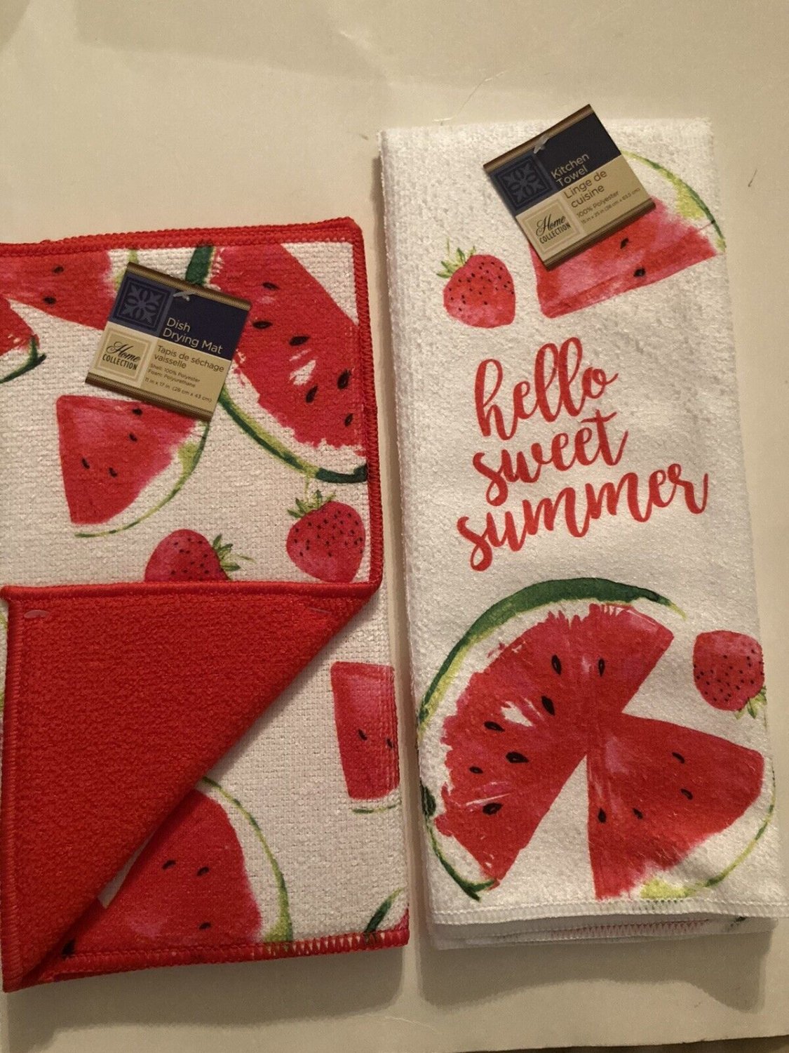 Kitchen 2 pc dish drying mat towel set strawberries watermelon fruit red
