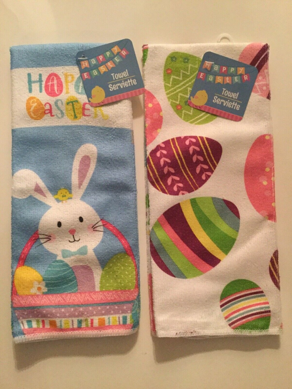2 pc set Bunny rabbit Happy Easter egg towels 15x25 inch Lot of 2 multicolor new