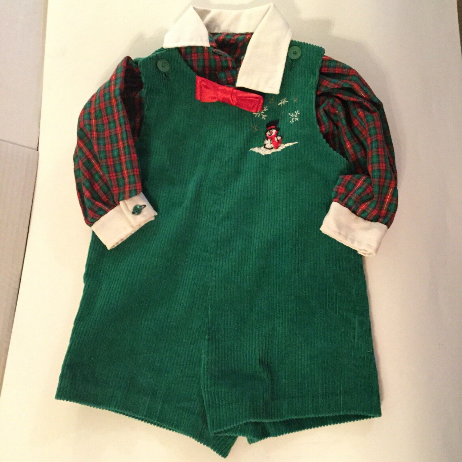 Size 18 mo 2 pc Jon Jon corduroy romper shirt outfit holiday set green