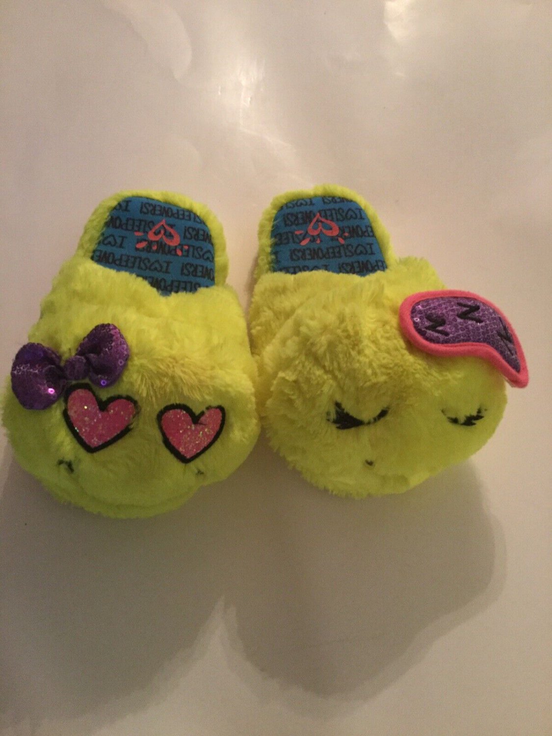 Size 2 3 Justice slippers happy face plush faux fur glitter yellow