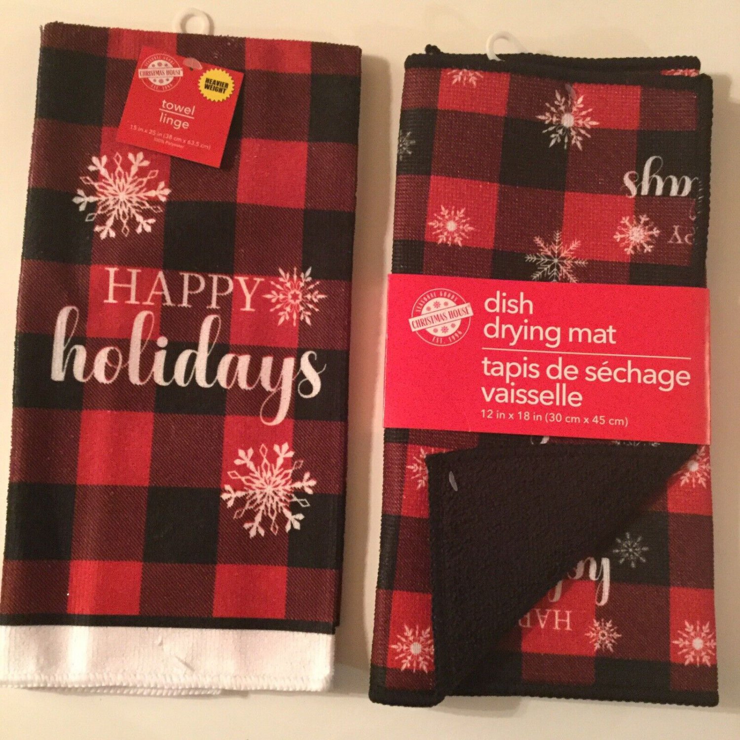 Christmas snow flakes kitchen 2 pc towel holiday dish drying mat checked plaid