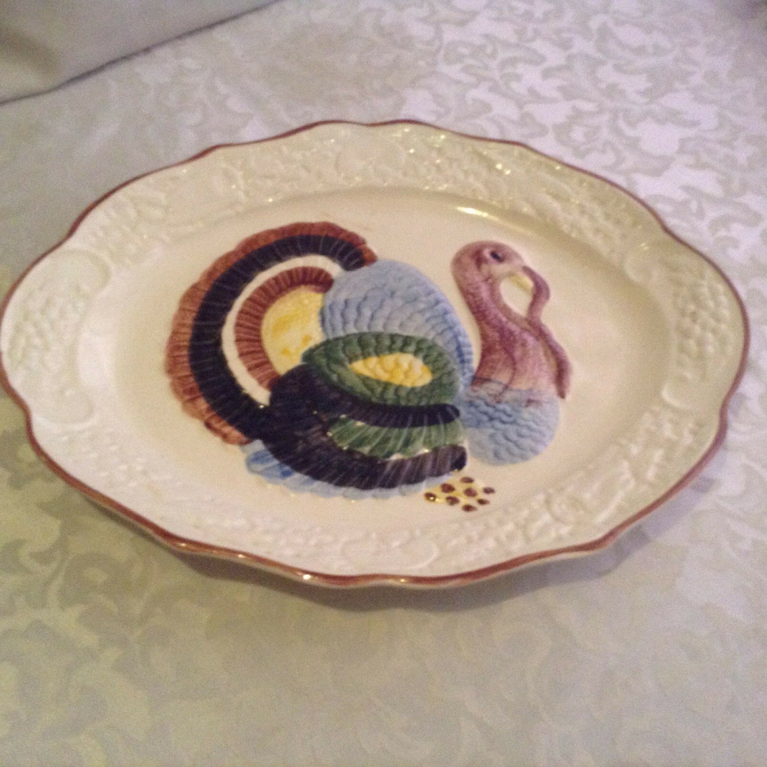 Christmas turkey platter ceramic holiday white multi color large 21 x 15 inch
