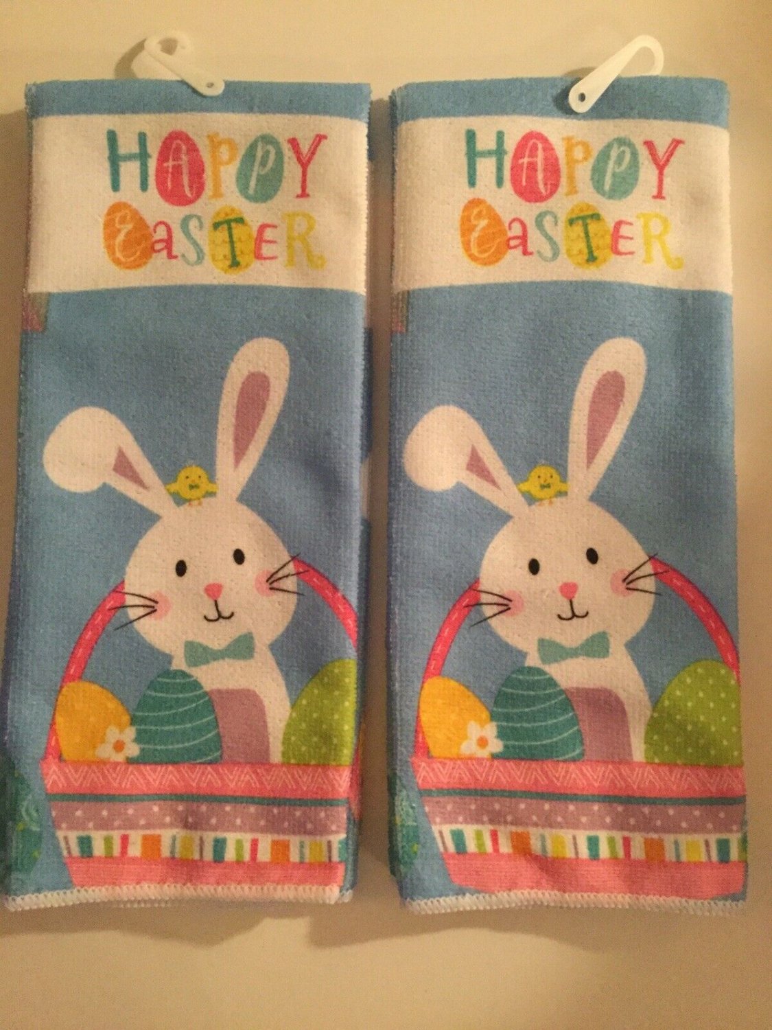 Happy Easter towels bunny rabbit 2 pc set 15x25 inch blue