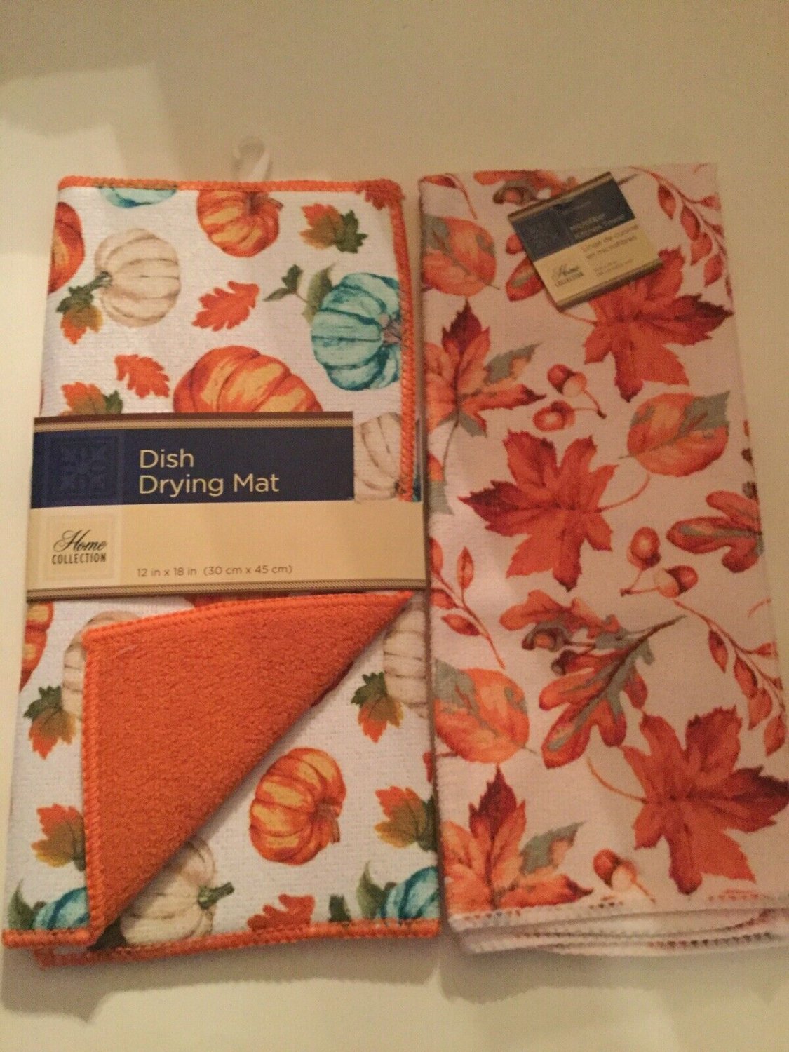 Winter fall kitchen 2 pc dish drying mat towel leaves acorns pumpkins 12x18in